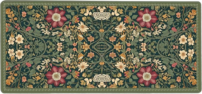 Cute Floral Aesthetic Dahlia Gaming Mouse Pad, Dark Green Rug Desk Mat with Anti-Slip Base & Stitched Edges,35.4" x 15.7" in Desk Accessories for Women, Home Office Decor & Artistic Gift
