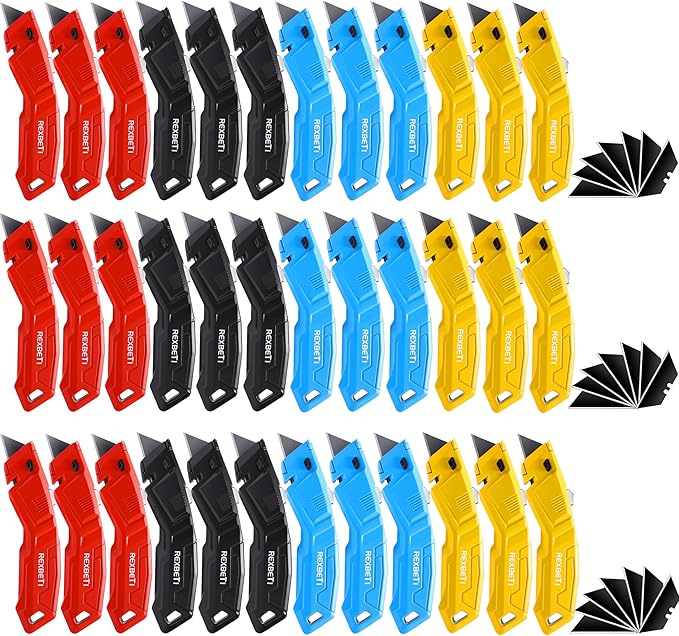 REXBETI 36 Pack Utility Knife Retractable Box Cutter, 4 Color Heavy Duty Aluminum Shell Knife Sets with Extra 30pc SK2 Blades for Cartons, Cardboard and Boxes