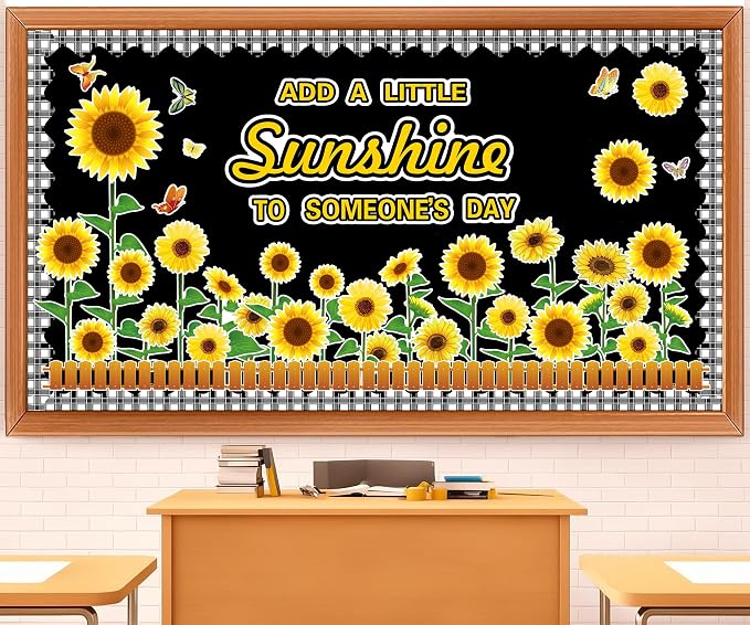 Summer Sunflower Bulletin Board Decorations Classroom Bulletin Board Border Motivational Cutouts with Butterflies & Fences – Classroom Cardstock Decor for Classroom Bulletin Board Border