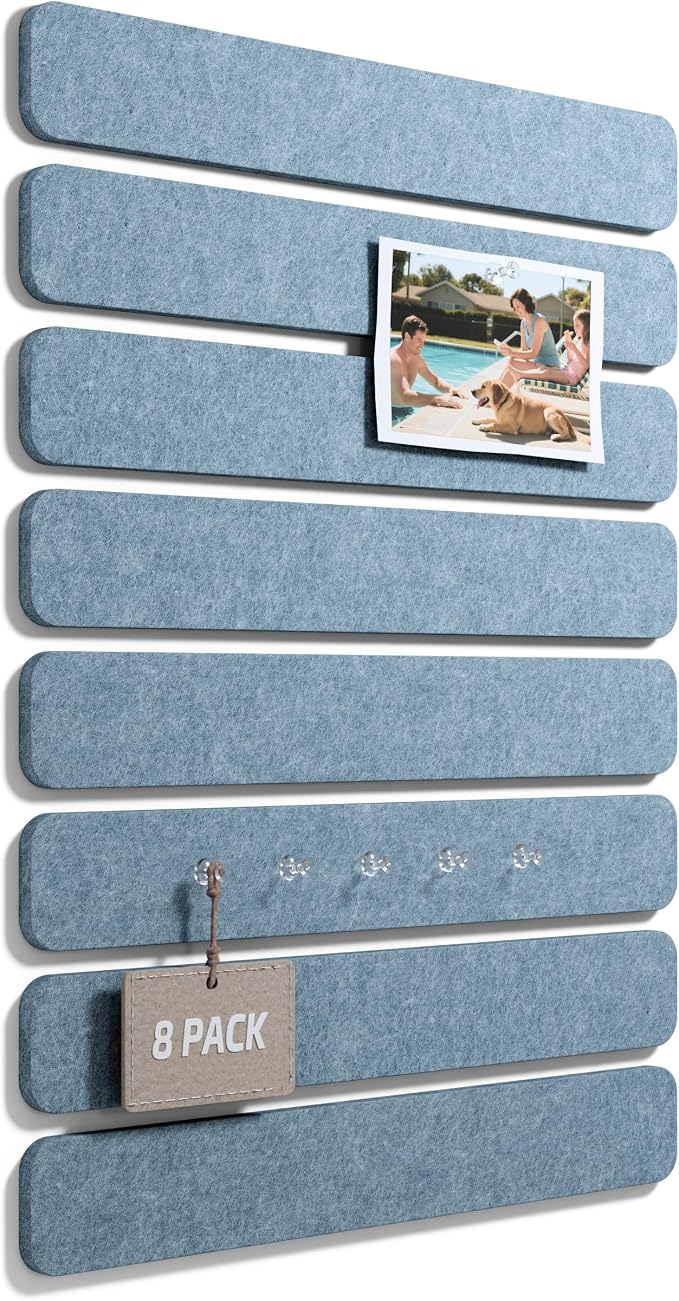 Fluxynara 13" x 2" Felt Wall Panels, Dusty Blue | 8-Pack Includes 50 Push Pins and Adhesive Tabs for Photos, Notes and Decor in Bedroom Doors, Home Office or Studios