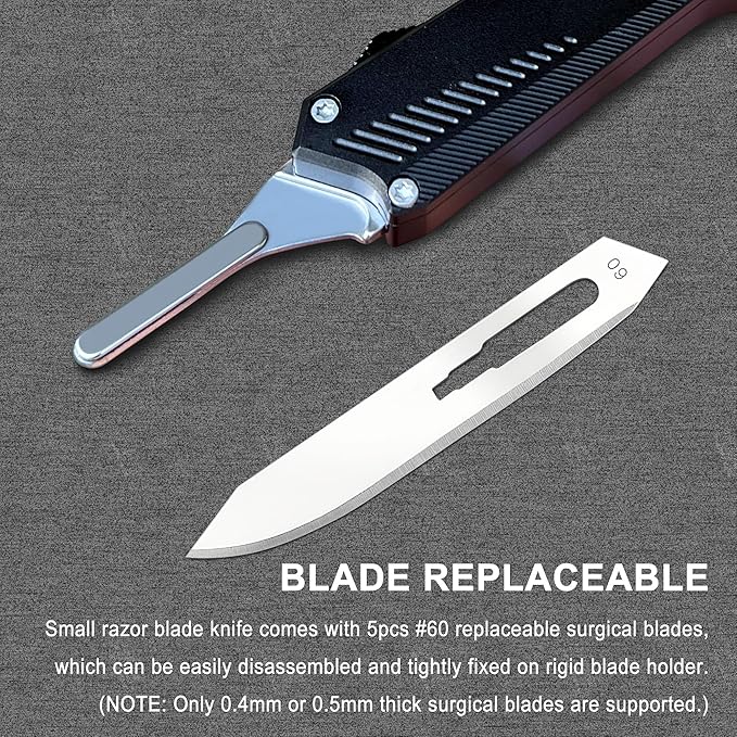 Automatic Scalpel Pocket Knife, Small Auto Retractable Knife Push Button, 5PCS #60 Mini Razor Blades Utility Knife, EDC Replaceable Blade Box Cutter with Clip