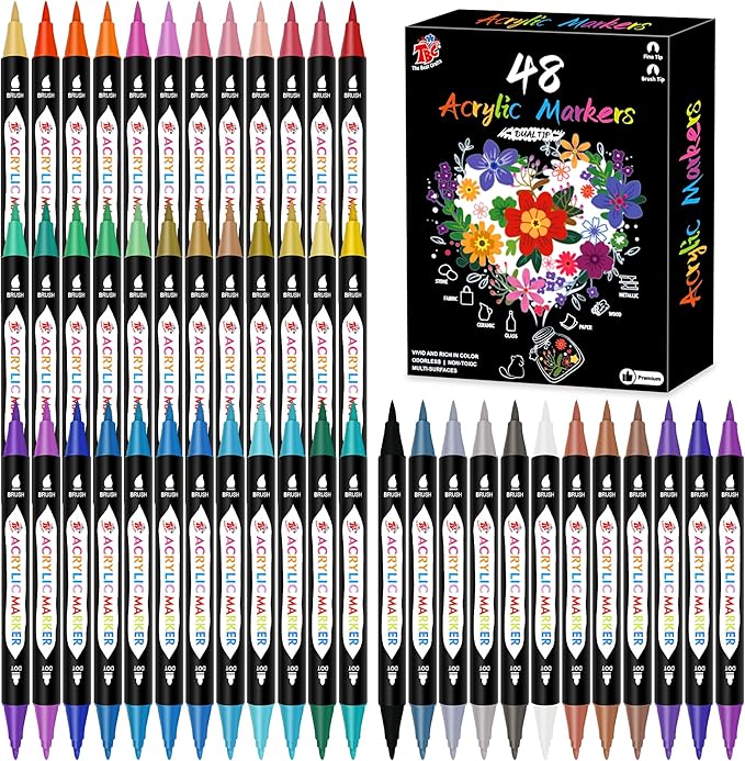 TBC The Best Crafts 48 Colors Dual Tip Acrylic Paint Markers,Waterproof, Non-Toxic, odorless, Suitable for Paper, Pottery, Stones, Backpacks, Glass