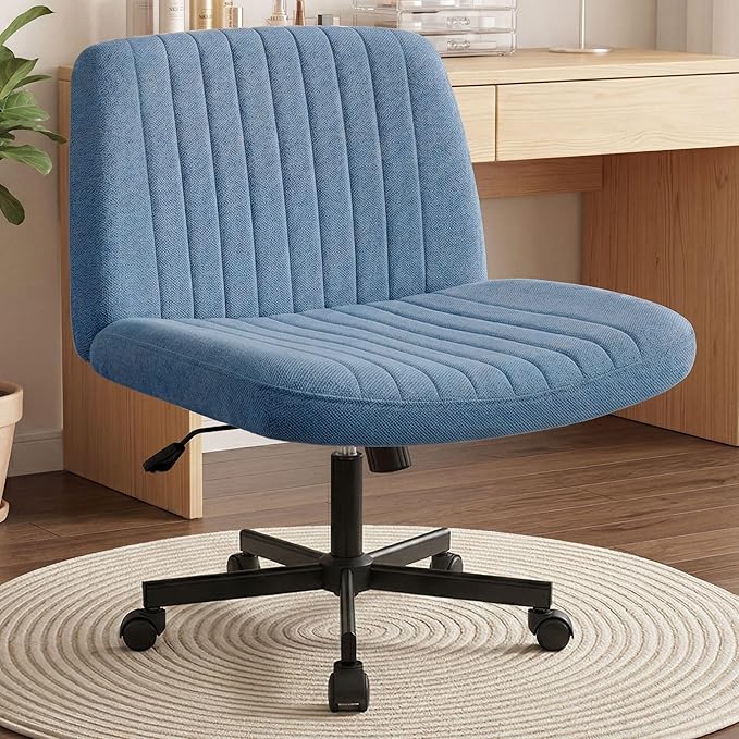 Orange Factory Criss Cross Chair, Wide Fabric Vanity Desk Seat, Blue Wheel | Cross-Legged with 360° Swivel, Height Adjustable, Smooth and Silent Wheels, Comfy Seating for Office, Desk, or Computer Use