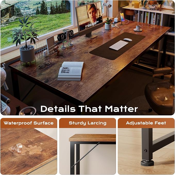 63 X 30 Inch Extra Deep Desk with Power Outlets | Long Computer Desk for Bedroom, Office Desk for Work from Home, Writing Study Gaming Table, Stable Metal Frame, Rustic Brown