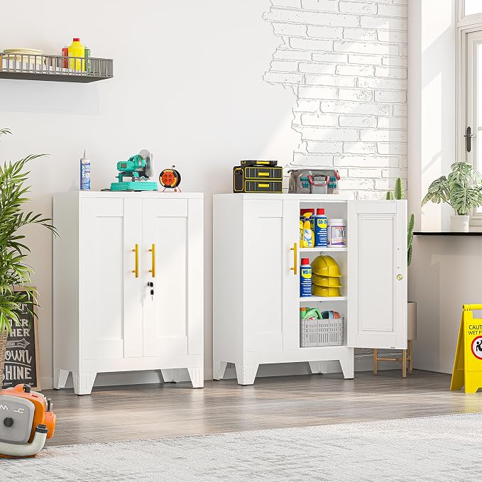 Metal Storage Cabinet, 2-Door Short Locker Cabinets Adjustable Shelf | Magnetic door surface for notes, Freestanding small storage cabinet with doors and shelves, multi-use storage