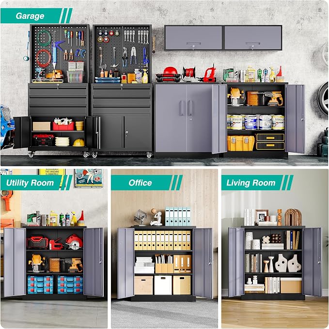Metal Storage Cabinet with Doors and Shelves,Garage Storage Cabinet with Lock,Black Grey Metal Cabinets with Locking Doors,Steel Cupboard for Home,Office,Garage Cabinets 36" H