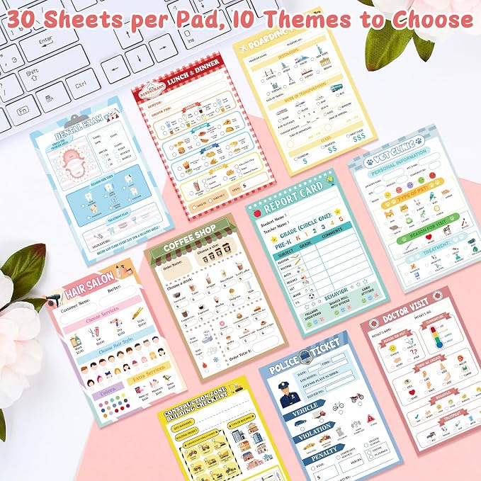 TICIAGA Kids Pretend Play Notepads - 10PCS 4 x 6 Inch Playtime Pad Included Restaurant Police Vet Doctor Visit Coffee Salon Notepad 30 Pages Pretend Notebook Imaginative Role for Toddler Kid Play Game
