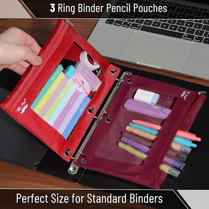Mr. Pen- Pencil Pouch for 3 Ring Binder, 2 Pack, 10"x6.75", Smooth Zipper | Clear Window, Large Capacity Pencil Case with 3 Reinforced Grommets for School, Office, Supplies Storage | Clear Window, Large Capacity Pencil Case with 3 Reinforced Grommets f...