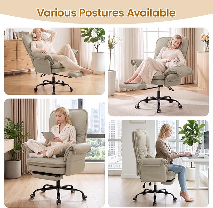 Criss Cross Office Chair with Flip Arms & Footrest, Comfy Desk Chair,Cream | Cross Legged Office Chair, Wide Seat Reclining Desk Chair with Wheels, Vanity Chair with Pocket Spring Seat and Side Pockets