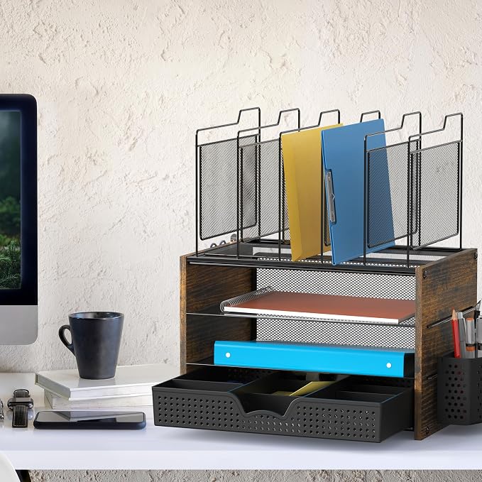Simple Houseware Mesh Desk Organizer with Wooden Side Board, Rustic Brown | 2 Horizontal Shelves and 5 Upright Sections with Sliding Adjustable Drawer