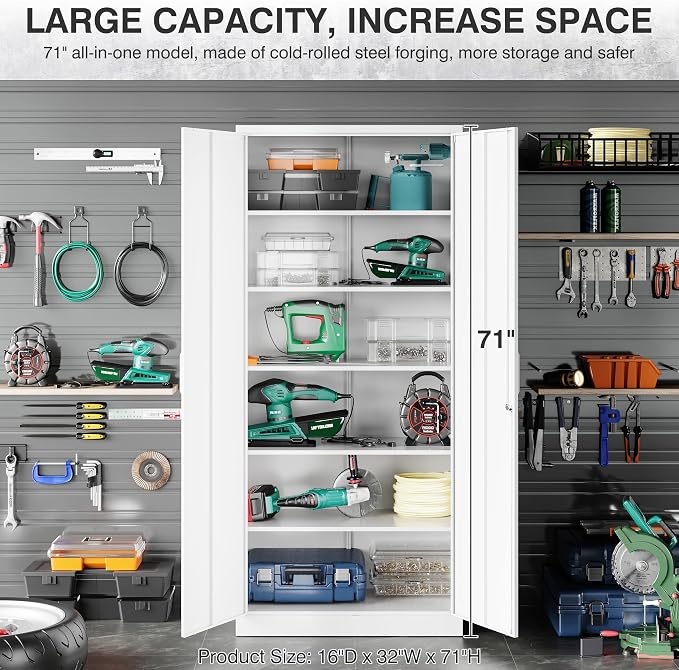 Metal Storage Storage Cabinet with 5 Adjustable Shelves,White Metal Cabinet with Locking Doors,Steel Pantry Cabinet with Lock,71" Lockable Storage Cabinet for Home,Office,Garage,Kitchen,Shop