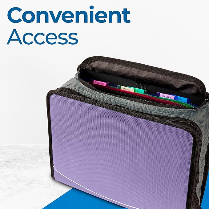 Case-it Mighty Zip Tab School Zipper Binder | 3-Inch O-Rings, 600-Sheet Capacity, 5-Subject Expanding File Folder, Multiple Pockets & Storage Organizer, Shoulder Strap | D-146 Lavender (Pack of 6)
