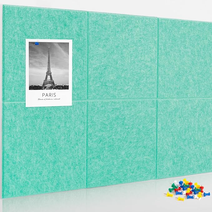 AKTOP Cork Board Bulletin Board 24"x36", 6 Pack Removable Felt Cork Board Tiles for Wall, Large Corkboard Notice Pin Board for Office, School & Home,24 Safe Adhesive Tabs, 20 Push Pins, Lake Blue