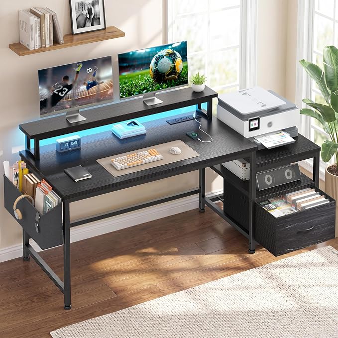 EnHomee 56.5" Office Desk with Drawers & Printer Space for Home Work,Black | Computer Desk with 3 AC Outlets& 2 USB Ports,Waterproof LED Strip Lights,Monitor Stand & Side Pockets,Home Office,Bedroom