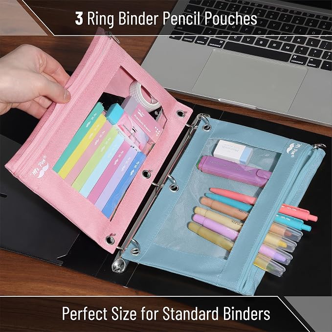 Mr. Pen- Pencil Pouch for 3 Ring Binder, 2 Pack, 10"x6.75", Smooth Zipper | Clear Window, Large Capacity Pencil Case with 3 Reinforced Grommets for School, Office, Supplies Storage