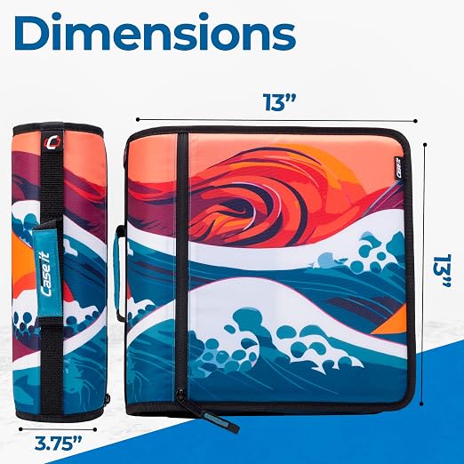 Case-it School Zipper Binder | 3-Inch O-Rings | 600-Sheet | D-146 Wave | Mighty Zip Tab, 5-Subject Expanding File Folder, Multiple Pockets, Storage Organizer, Shoulder Strap, Office