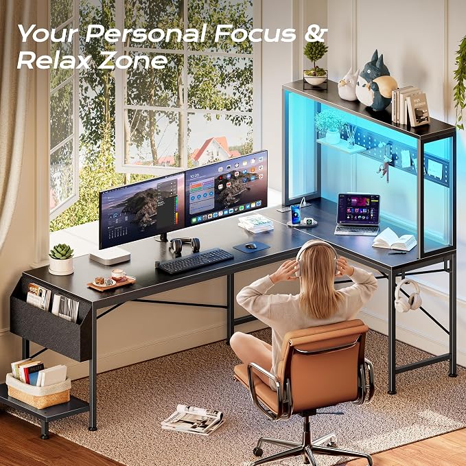 L Shaped Gaming Desk with LED Lights & Power Outlets | Reversible Computer Desk with Storage Shelves & Bag, Large Corner Home Office Desk with Pegboard for Work from Home, Black