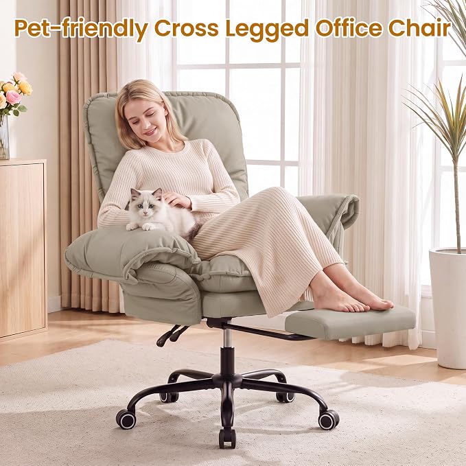 Criss Cross Office Chair with Flip Arms & Footrest, Comfy Desk Chair,Cream | Cross Legged Office Chair, Wide Seat Reclining Desk Chair with Wheels, Vanity Chair with Pocket Spring Seat and Side Pockets
