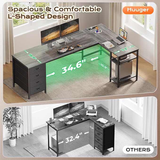 Huuger 63 Inch L Shaped Desk with Fabric Drawers, Reversible Computer Gaming Desk with Power Outlets and USB-C Port, Adjustable Side Storage Shelves, for Work Study Corner Home Office, Grey