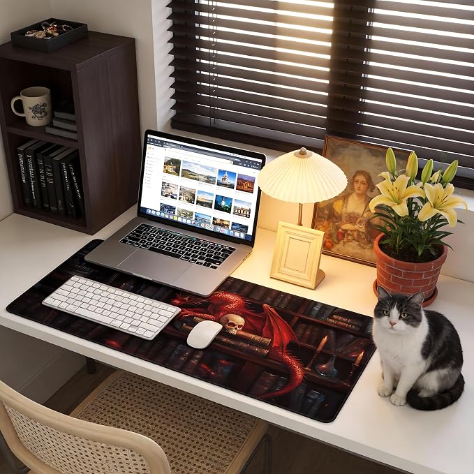 Aesthetic Dragon Gaming Mouse Pad, Ink Blue Red Mystical Desk Mat with Anti-Slip Base & Stitched Edges, Office & Home Desk Decor for Women, 35.4" x 15.7" in Computer Desktop Mat