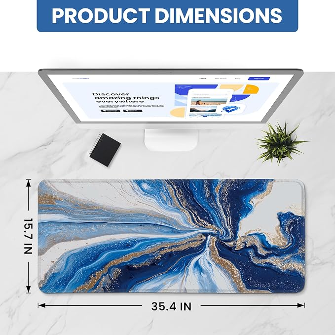 Aesthetic Desk Mat, Cute Ocean Marble Desk Pad Protector for Work & Decor, 35.4" x 15.7", Pretty Non-Slip Extended Mouse Pad for Office or Home