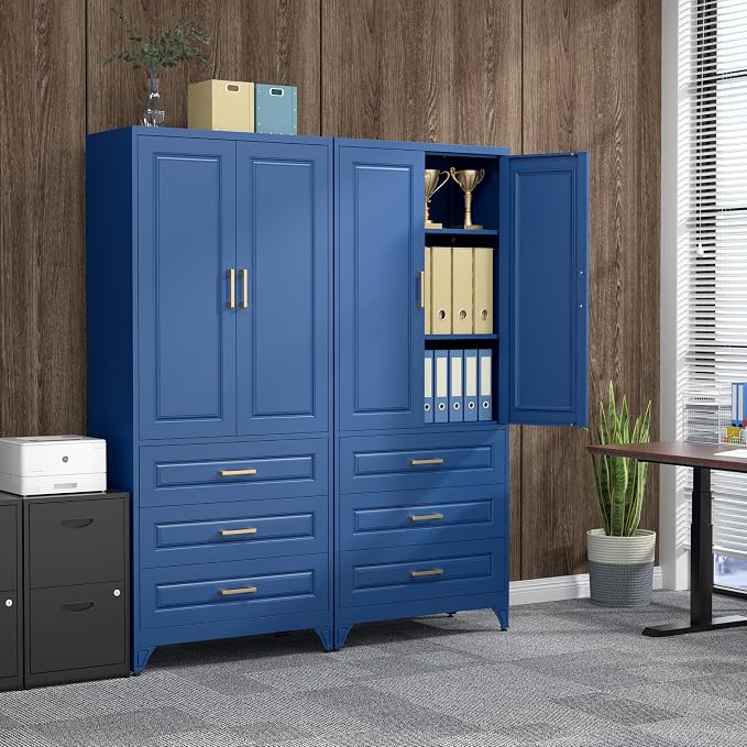 75" Tall Kitchen Pantry Cabinet, Storage Cabinet with 3 Drawers | Metal Kitchen Cabinet with Doors & 2 Adjustable Shelves, Tall Food Pantry, Cupboard for Kitchen, Dining Room, Garage, Office