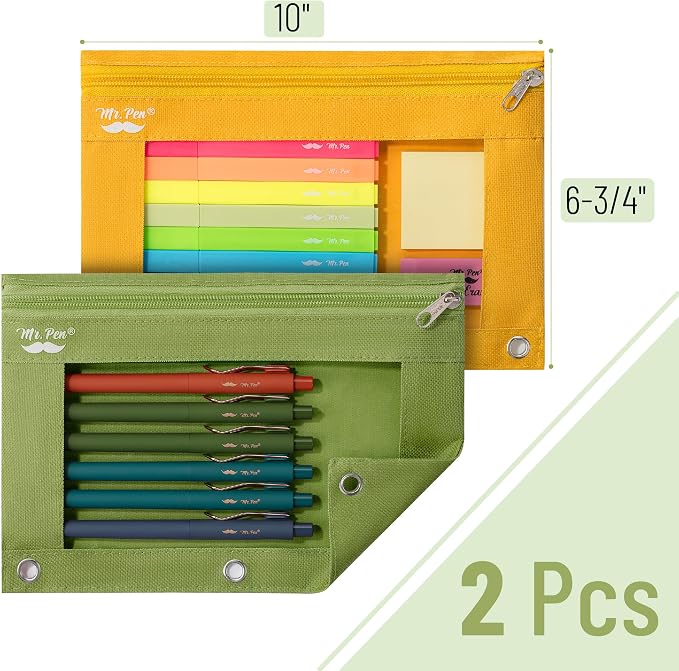 Mr. Pen- Pencil Pouch for 3 Ring Binder, 2 Pack, 10"x6.75", Smooth Zipper | Clear Window, Large Capacity Pencil Case with 3 Reinforced Grommets for School, Office, Supplies Storage | Clear Window, Large Capacity Pencil Case with 3 Reinforced Grommets f...