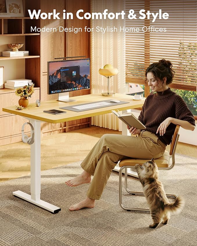 FLEXISPOT EN1 One-Piece Standing Desk, 48"x24" Seamless Desktop Electric Height Adjustable for Home Office, Study Rooms & Multi-Device Workstations, Maple(White Frame)