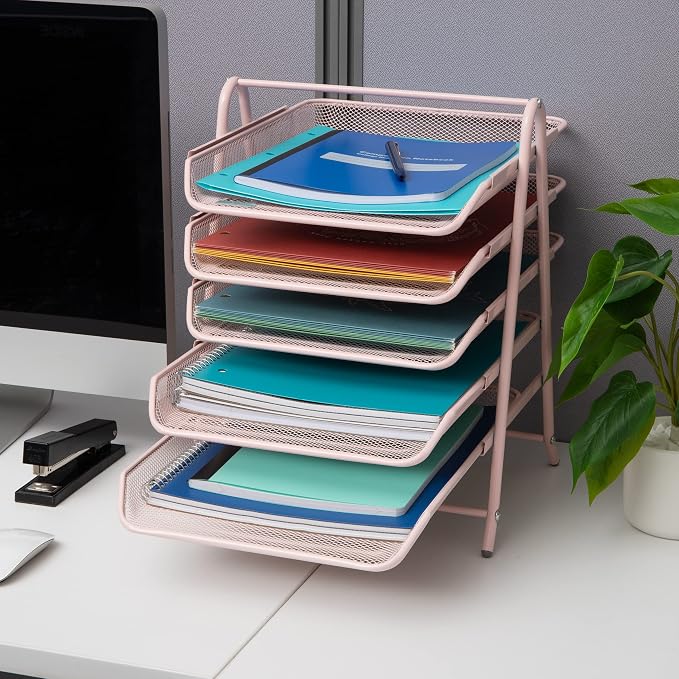 Mind Reader 5-Tier Paper Tray Organizer, Vertical Desktop File Storage Rack, Office, Metal Mesh, Pink (Pack of 6)