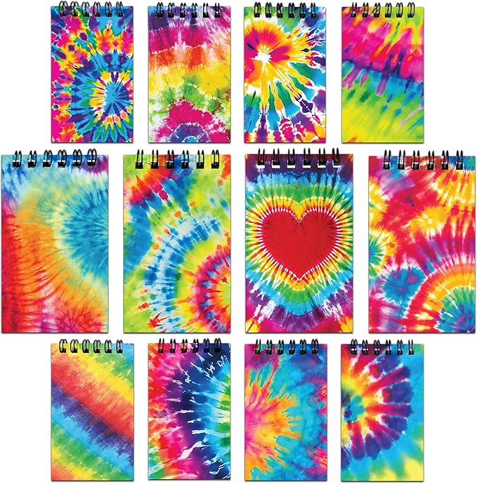 Decorably 24 Pack Spiral Tie Dye Party Favors for Kids 8-12 - 12 Colorful Designs 2.4x4in Small Notebook, Spring-Bound with 20 Sheets - Gifts for Birthday, Baby Shower, Children's Party, School