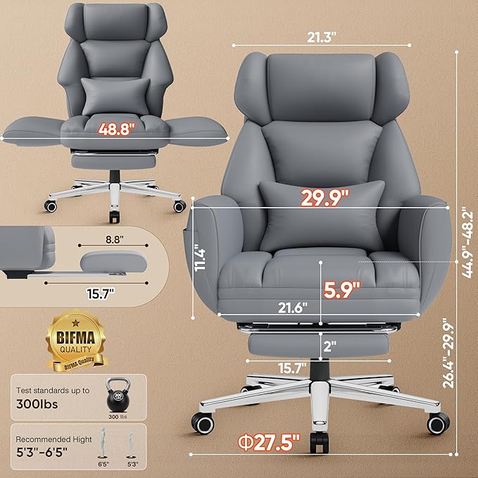 GABRYLLY Criss Cross Chair with Footrest, Big and Tall Office Chair - Wide Seat, Reversible Armrests, 120°Tilt, 400LBS Heavy-Duty Executive Leather Chair for Working, Gaming & Meditation, Grey