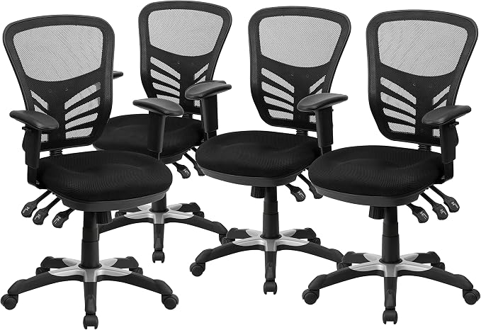Flash Furniture Nicholas Mid-Back Black Mesh Multifunction Executive Swivel Ergonomic Office Chair with Adjustable Arms, Set of 4