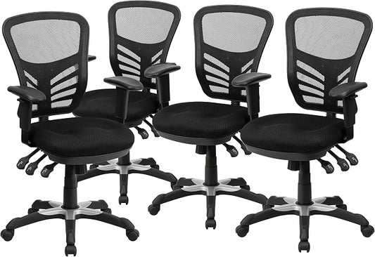 Flash Furniture Nicholas Mid-Back Black Mesh Multifunction Executive Swivel Ergonomic Office Chair with Adjustable Arms, Set of 4