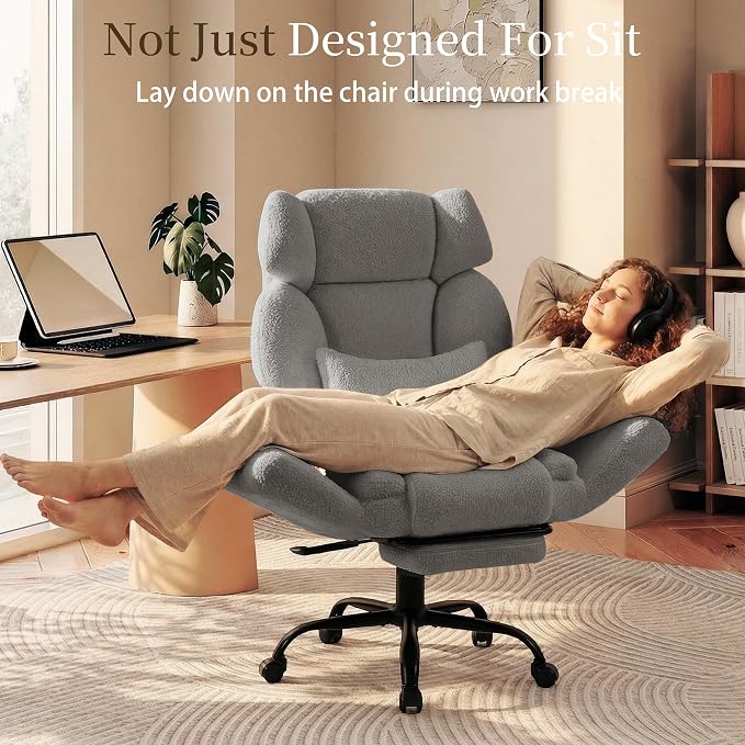 Office Chair with Flip Armrests,Comfy Criss Cross Chair for Pets Sitting,Big and Tall Office Chair with Foot Rest,Extra Wide Seat & Lumbar Pillow,Ergonomic Computer Gaming Chair,Teddy Fleece,Grey