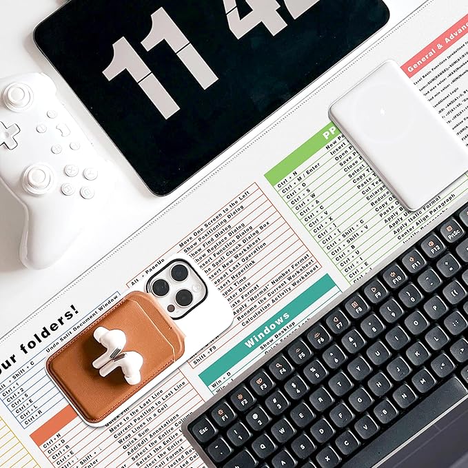 White Design Excel Cheat Sheet Desk Pad, 31.5"x11.8", Waterproof Extra Large Excel Shortcut Mat with Stitched Edges, Anti-Slip Excel Mouse Pad for Office Desk, MS Excel/Word Shortcuts