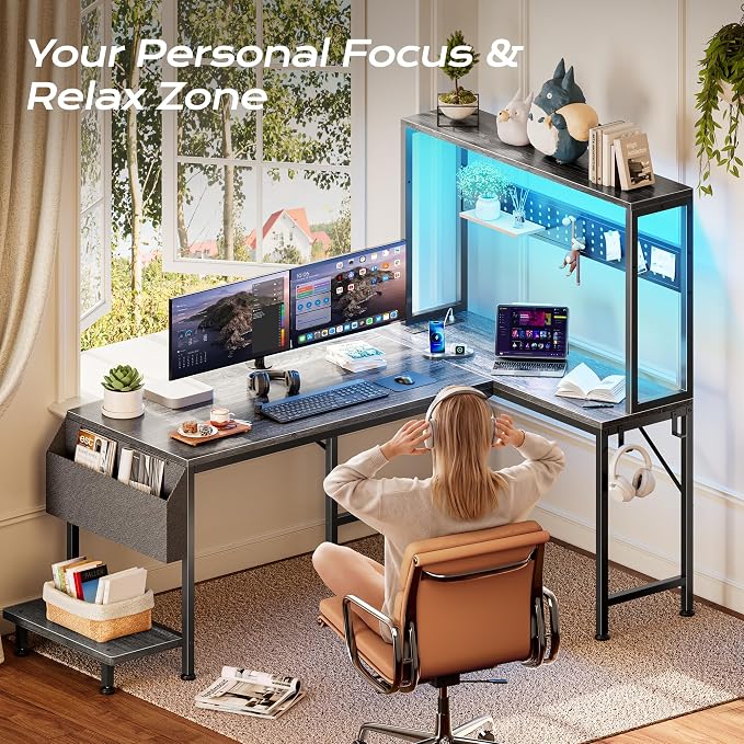 L Shaped Gaming Desk with LED Lights & Power Outlets | Reversible Computer Desk with Storage Shelves & Bag, Large Corner Home Office Desk with Pegboard for Work from Home, Grey