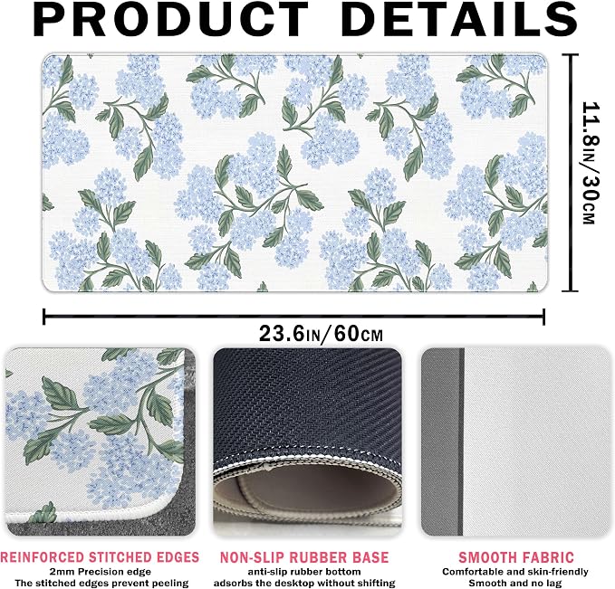 Blue Hydrangea Desk Mat, Blue and White Mouse Pad 23.6x11.8 | Blue Desk Accessories, Flroal Desk Matt for Desktop, Office Accessories for Women, Aesthetic Desk Pad