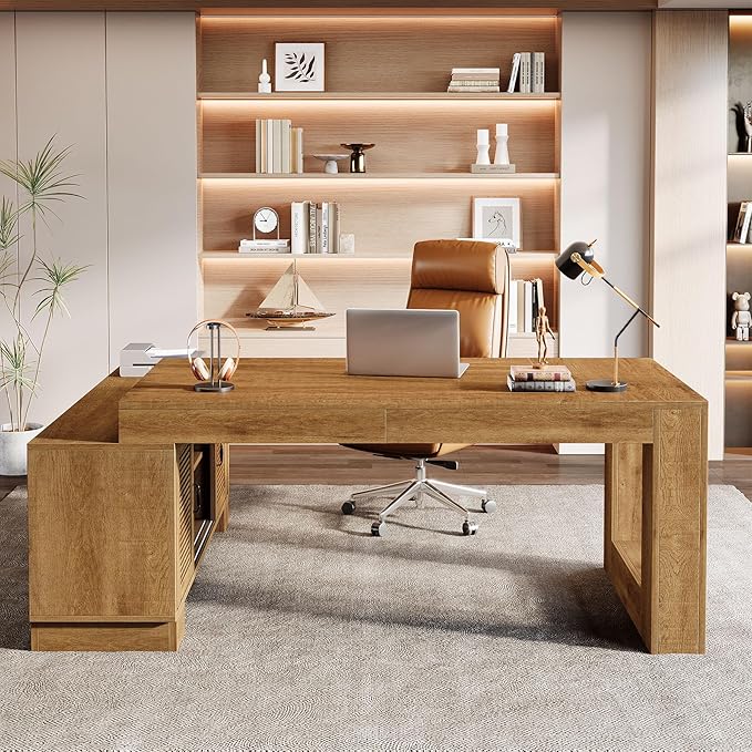 Tribesigns L Shaped Executive Desk with Storage Cabinets and 2-Tier Shelf, 78-Inch Simple Modern Business Furniture Large Computer Writing Table Workstation for Home Office, Dark Brown