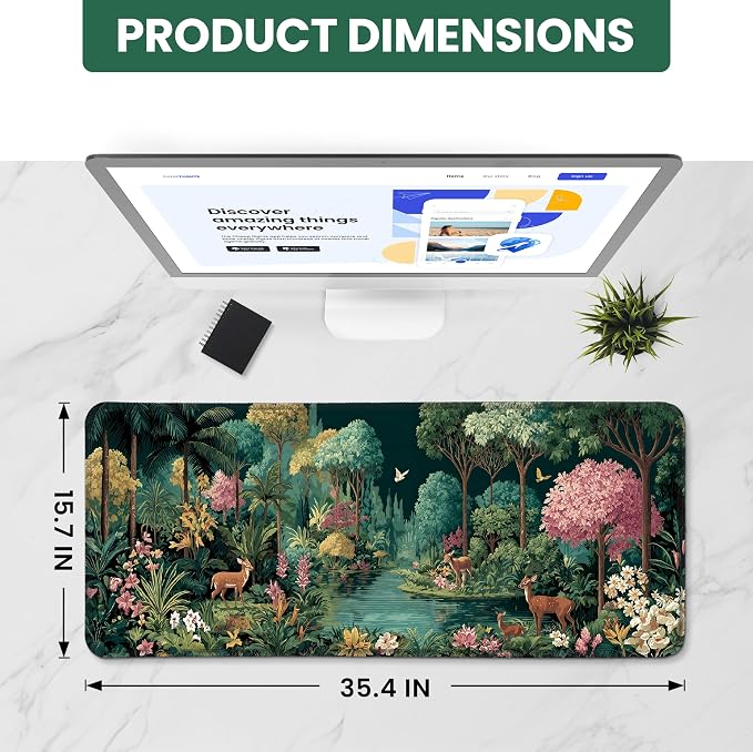 Aesthetic Desk Mat, Cute Enchanted Forest Desk Pad Protector for Work & Decor, 35.4" x 15.7", Pretty Non-Slip Extended Mouse Pad for Office or Home