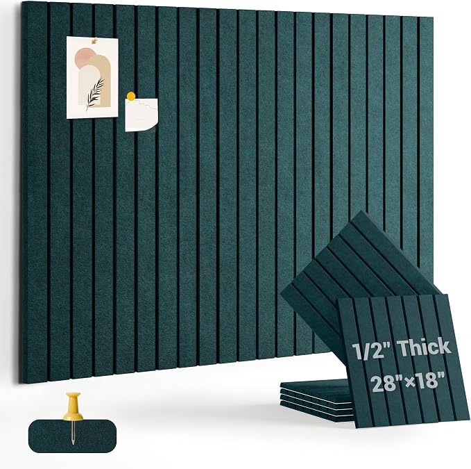 28" x 18" Felt Bulletin Board Tiles 1/2" Thick, Forest Green | 6 Pack Felt Tiles, Large Cork Board Alternative, 30 Adhesive Tabs, Pin Board for Home Office Decor with Easy Install
