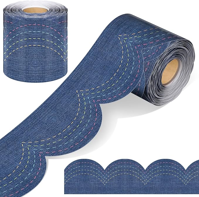 Zonon 65.6 Feet Blue Jeans Bulletin Board Border Farmhouse Scalloped Retro Blue Border for Bulletin Board Trim Roll Classroom Decorations for Back to School Classroom Chalkboard Home Office Wall Decor