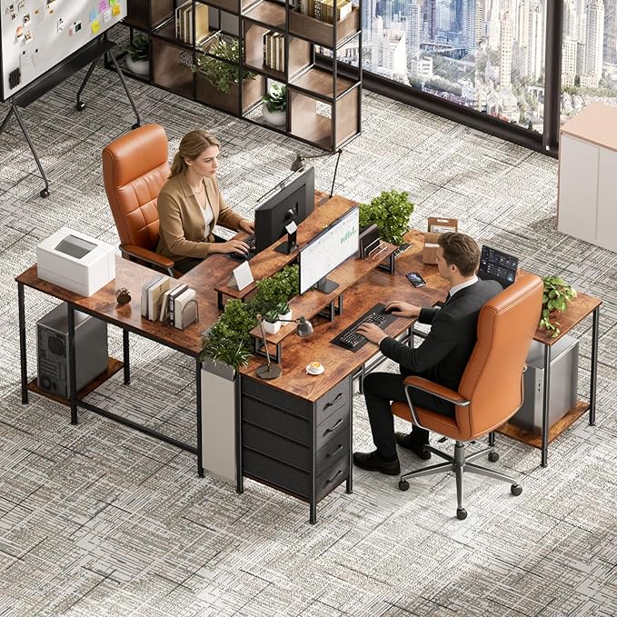 Korfile 59 inch L Shaped Computer Desk with Power Outlets, Rustic Brown | Ideal for Home Office, Bedroom, Corner, 4 Adjustable Storage Drawers, 2 Monitor Stands, Reversible, Two Person Gaming Table