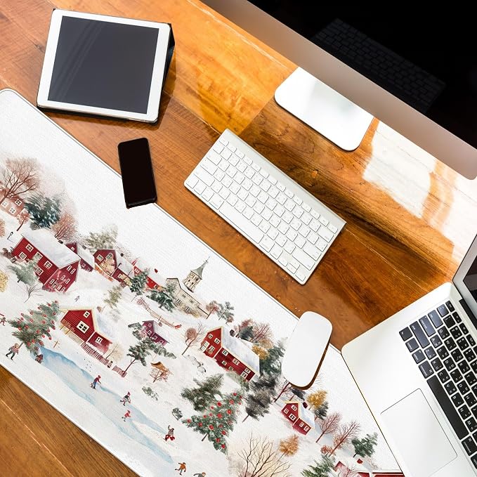 Chrismas Desk Mat Vintage Winter Mouse Pads Large, Red and White Big Farmhouse Mouse Pad for Computers, RETR Snow Gaming Mousepad XL Chrismas Wniter Gifts for Women Girls 31.5x11.8