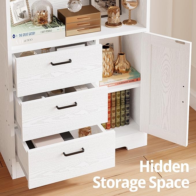 IRONCK 71 in Bookshelf with Doors and 3 Drawers, Industrial Tall Bookcase | Engineered wood with 3-tier shelves, 3 drawers, enclosed storage, anti-tip hardware, 132 lb maximum capacity, for home office