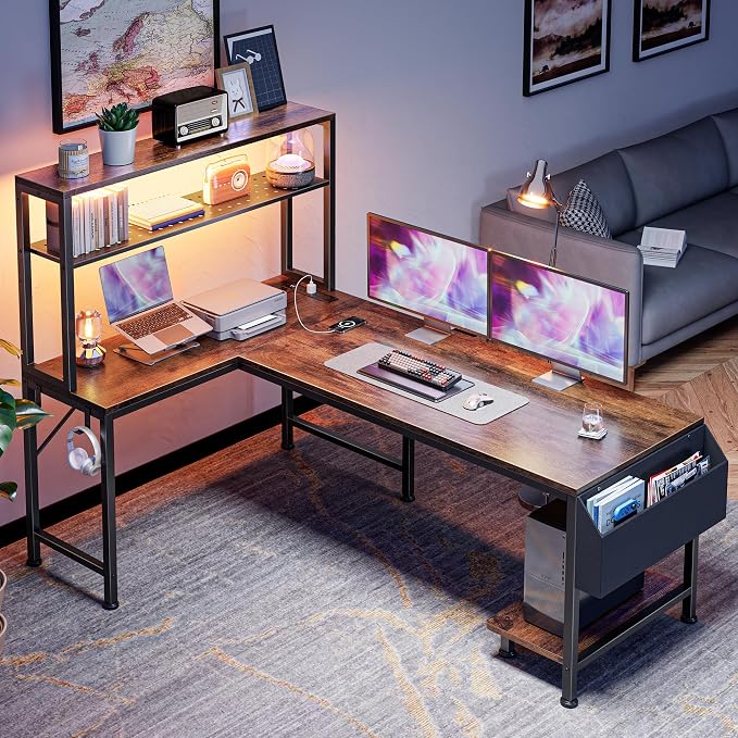 L Shaped Gaming Desk with LED Lights & Power Outlets | Reversible Computer Desk with Storage Shelves & Bag, Large Corner Home Office Desk for Work from Home, Rustic Brown