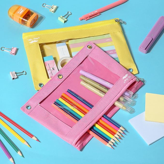 Mr. Pen- Pencil Pouch for 3 Ring Binder, 2 Pack, 10"x6.75", Smooth Zipper | Clear Window, Large Capacity Pencil Case with 3 Reinforced Grommets for School, Office, Supplies Storage | Clear Window, Large Capacity Pencil Case with 3 Reinforced Grommets f...