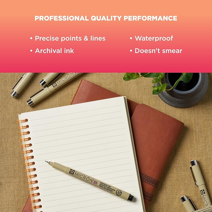 SAKURA Pigma Micron Fineliner Pens, 02 Tip Size, Archival Black Ink, 6PK 50036 | Archival Black Ink Pens for Writing, Illustration, and Journaling, Precise Fine Points and Lines, Smooth Writing