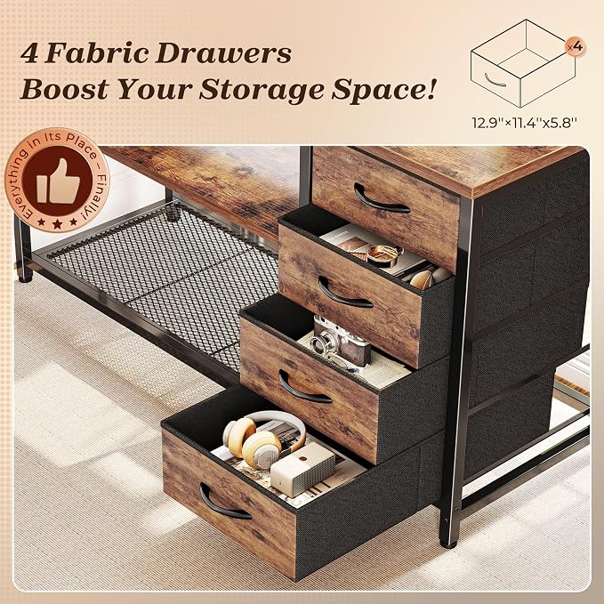 53" L Shaped Desk with Power Outlets & 4 Drawers | Reversible Computer Desk with 2 Storage Shelves, Large Corner Office Desk for Gaming Writing Work Study, Rustic Brown