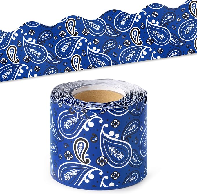 BeYumi Cowboy Bandana Border Trim - 65ft Back to School Western Themed Blue Bandana Scalloped Rolled Border Trim Wild West Themed Bulletin Board Set Classroom Office Chalkboard Wall Party Decoration