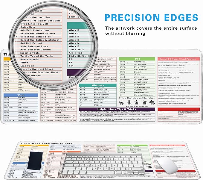 White Design Excel Cheat Sheet Desk Pad, 31.5"x11.8", Waterproof Extra Large Excel Shortcut Mat with Stitched Edges, Anti-Slip Excel Mouse Pad for Office Desk, MS Excel/Word Shortcuts